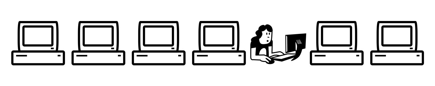 Eine Reihe mit Cliparts. 4 Computer, eine Person am Computer und zwei weitere Computer.